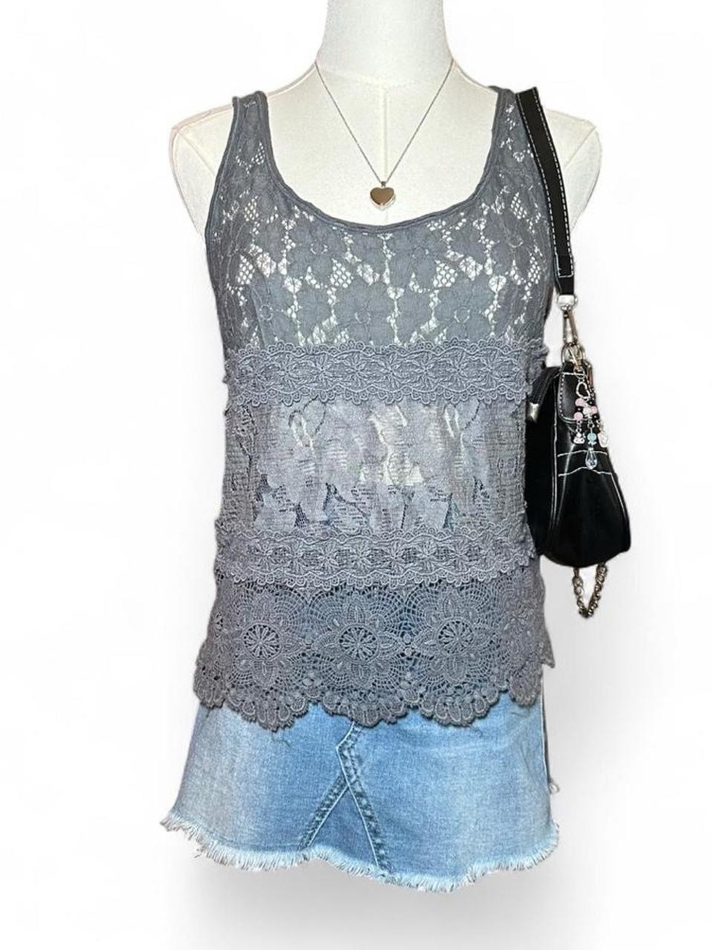 Y2K Abercrombie & Fitch 80% Cotton Gray Floral Lace Tank Top Preppy Fairycore